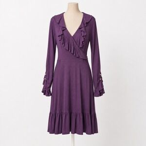 Vintage Y2K Cache Wrap Dress Size 6 Purple Long Sleeve Stretch Elegent Career